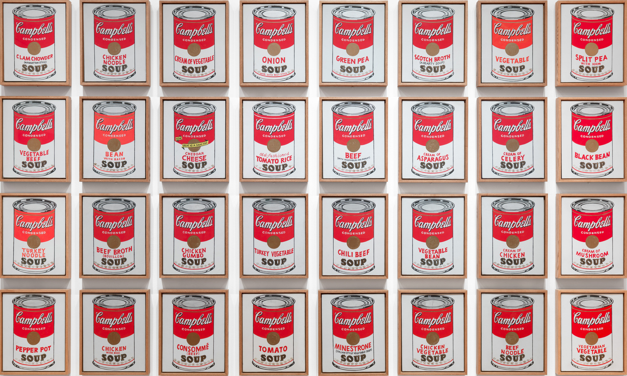 Andy Warhol. Campbell’s Soup Cans. 1962. Acrylic with metallic enamel paint on canvas, 32 panels. The Museum of Modern Art, New York. Partial gift of Irving Blum Additional funding provided by Nelson A. Rockefeller Bequest, gift of Mr. and Mrs. William A. M. Burden, Abby Aldrich Rockefeller Fund, gift of Nina and Gordon Bunshaft, acquired through the Lillie P. Bliss Bequest, Philip Johnson Fund, Frances R. Keech Bequest, gift of Mrs. Bliss Parkinson, and Florence B. Wesley Bequest (all by exchange). © 2024 Andy Warhol Foundation/ARS, NY/TM Licensed by Campbell’s Soup Co. All rights reserved